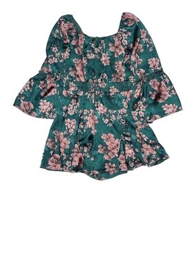 Mi Amore Teal Floral One-Piece Romper with Pink Blossoms